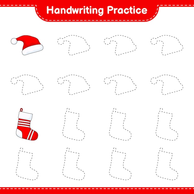 Handwriting practice Tracing lines of Santa Hat and Christmas Sock Educational children game