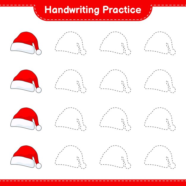 Handwriting practice Tracing lines of Santa Hat Educational children game printable worksheet vector illustration