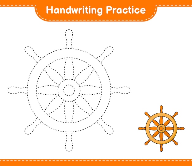 Handwriting practice Tracing lines of Ship Steering Wheel Educational children game printable worksheet vector illustration