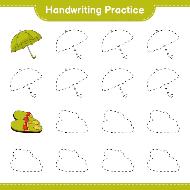 Handwriting practice Tracing lines of Slippers and Umbrella Educational children game