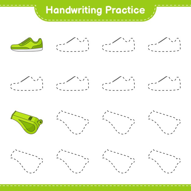 Handwriting practice Tracing lines of Sneaker and Whistle Educational children game printable worksheet vector illustration