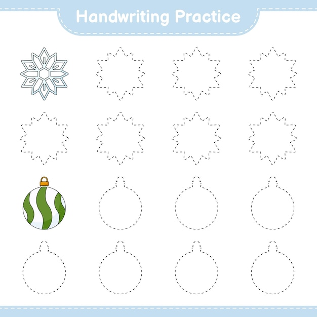 Handwriting practice Tracing lines of Snowflake and Christmas Ball Educational children game printable worksheet vector illustration