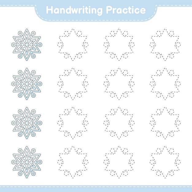 Практика почерка Отслеживание линий снежинки Образовательная детская игра для печати векторная иллюстрация листа