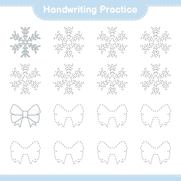 Handwriting practice Tracing lines of Snowflake and Ribbon Educational children game printable