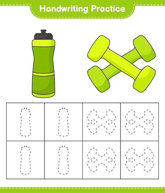 Pratica della scrittura a mano tracciare le linee di sport water bottle e dumbbell educational children gioco stampabile foglio di lavoro illustrazione vettoriale