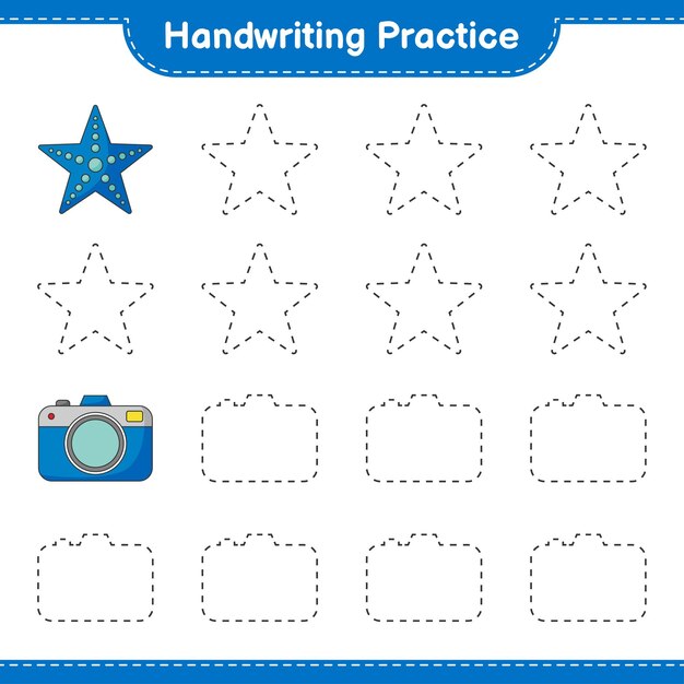 Handwriting practice Tracing lines of Starfish and Camera Educational children game printable worksheet vector illustration