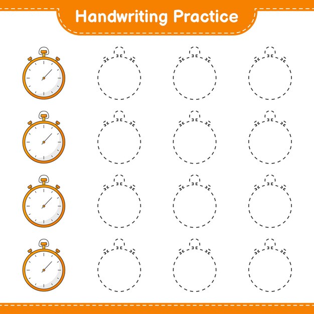 Vector handwriting practice. tracing lines of stopwatch. educational children game, printable worksheet, vector illustration