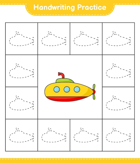 Pratica di scrittura a mano. tracciare le linee del sottomarino. gioco educativo per bambini, foglio di lavoro stampabile, illustrazione vettoriale