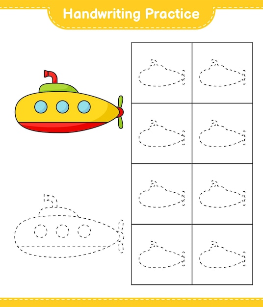 Handwriting practice. Tracing lines of Submarine. Educational children game, printable worksheet, vector illustration