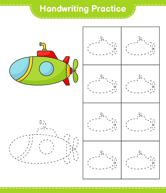 Handwriting practice. Tracing lines of Submarine. Educational children game, printable worksheet, vector illustration