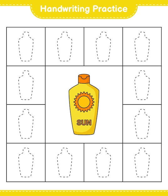 Практика почерка Отслеживание линий солнцезащитного крема Образовательная детская игра для печати векторная иллюстрация листа
