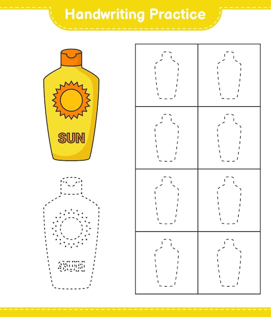 Handwriting practice Tracing lines of Sunscreen Educational children game printable worksheet vector illustration