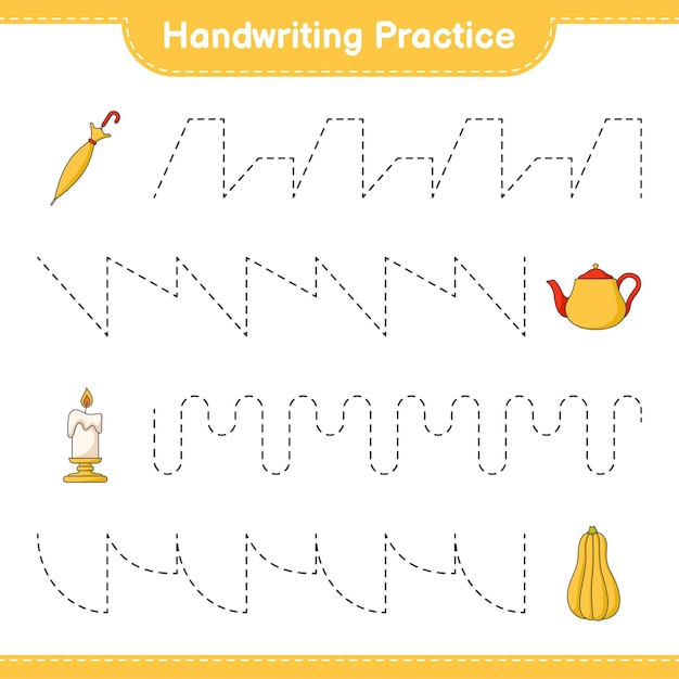 Handwriting practice Tracing lines of Teapot Candle Butternut Squash and Umbrella