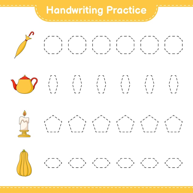 Handwriting practice Tracing lines of Teapot Candle Butternut Squash and Umbrella