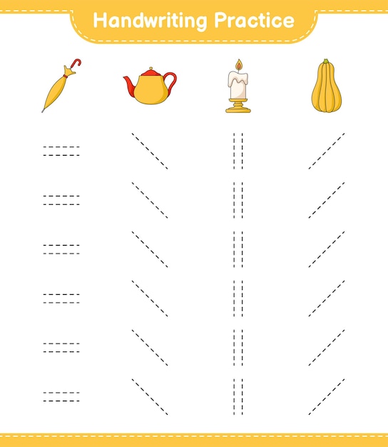 Handwriting practice Tracing lines of Teapot Candle Butternut Squash and Umbrella