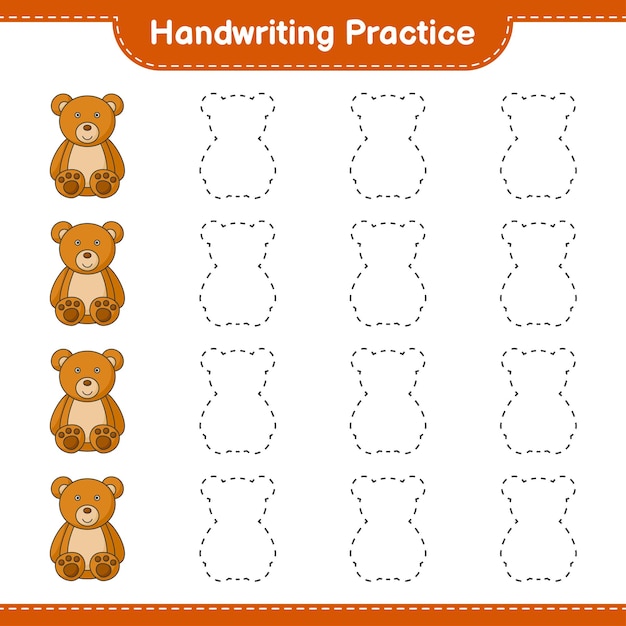 Handwriting practice. Tracing lines of Teddy Bear. Educational children game, printable worksheet, vector illustration