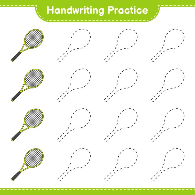 Pratica della scrittura a mano. tracciare le linee di racchetta da tennis. gioco educativo per bambini, foglio di lavoro stampabile, illustrazione vettoriale