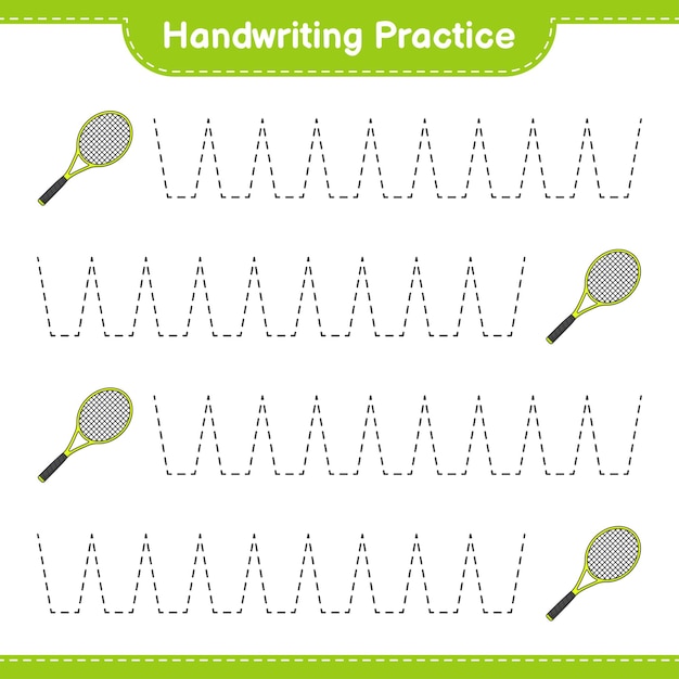 手書きの練習。テニスラケットのトレースライン。教育的な子供たちのゲーム、印刷可能なワークシート、ベクトル図