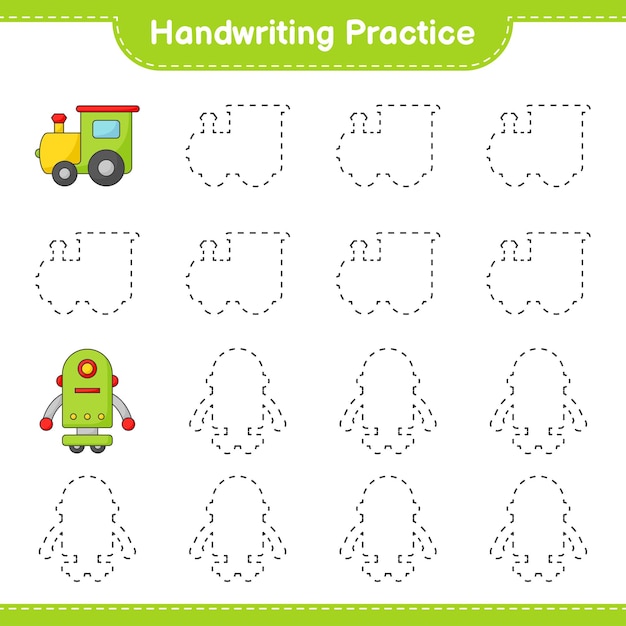 Handwriting practice. Tracing lines of Train and Robot Character. Educational children game, printable worksheet, vector illustration
