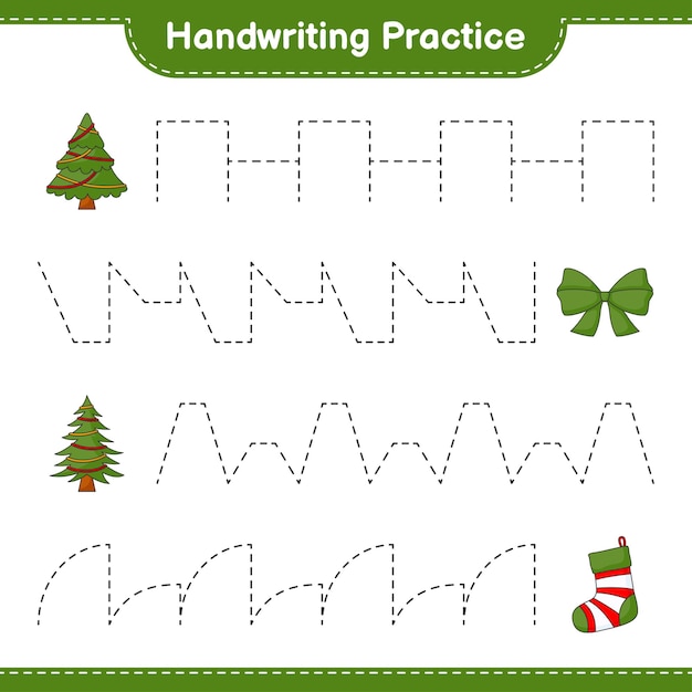 手書きの練習ツリーリボンとクリスマスソックスの線をたどる教育的な子供たちのゲーム印刷可能なワークシートベクトル図