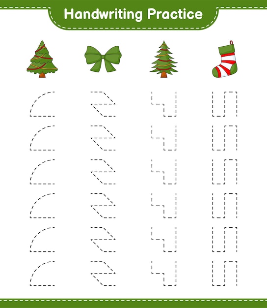 Pratica di scrittura a mano tracciare le linee del nastro dell'albero e del calzino di natale gioco educativo per bambini foglio di lavoro stampabile illustrazione vettoriale