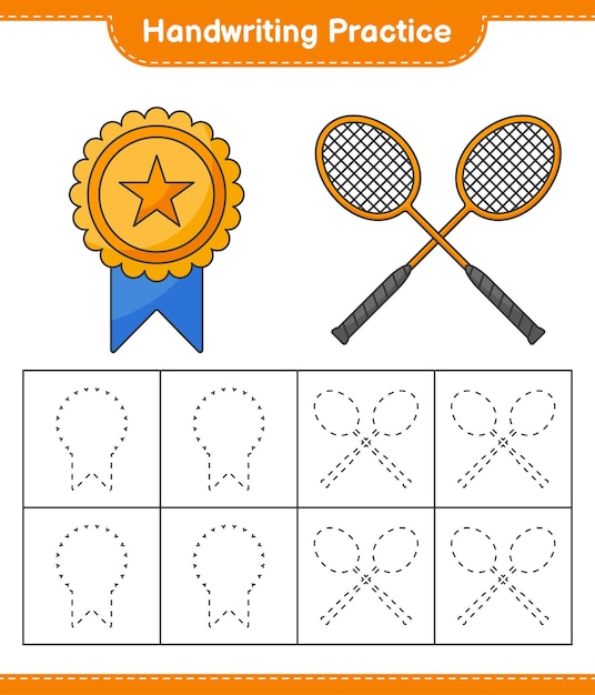 Pratica di scrittura a mano tracciare le linee di trofeo e racchette da badminton gioco educativo per bambini foglio di lavoro stampabile illustrazione vettoriale