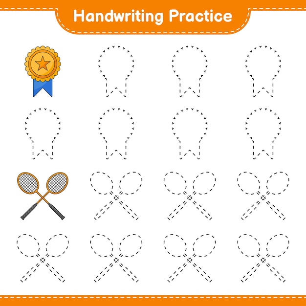 Handwriting practice tracing lines of trophy and badminton rackets educational children game printable worksheet vector illustration