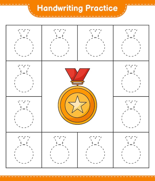 Handwriting practice. Tracing lines of Trophy. Educational children game, printable worksheet, vector illustration