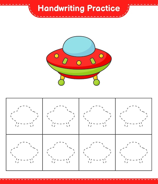 손글씨 연습. Ufo의 추적 라인. 교육 어린이 게임, 인쇄용 워크시트, 벡터 일러스트 레이 션