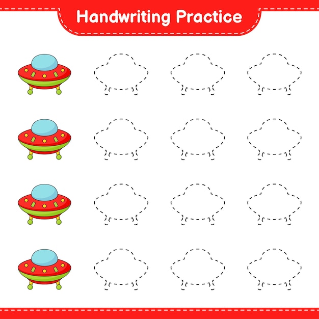 Handwriting practice. Tracing lines of Ufo. Educational children game, printable worksheet, vector illustration