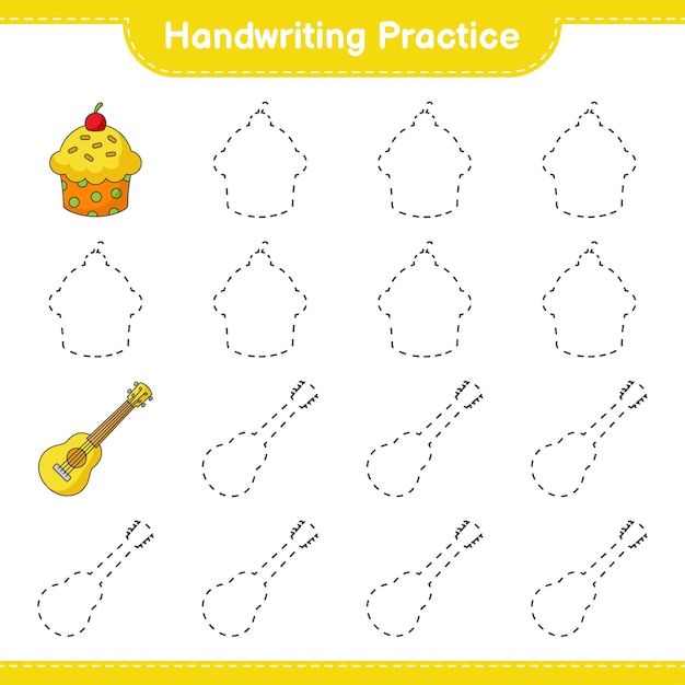 Практика почерка Отслеживание линий укулеле и кексов Образовательная детская игра для печати векторная иллюстрация листа