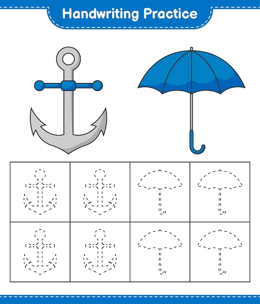 Handwriting practice Tracing lines of Umbrella and Anchor Educational children game printable worksheet vector illustration