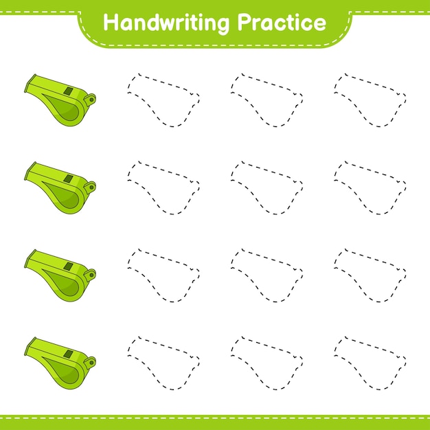 Handwriting practice. Tracing lines of Whistle. Educational children game, printable worksheet, vector illustration