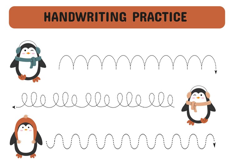 Vector handwriting practice worksheet with christmas penguins ideal for children in kindergarten preschoole