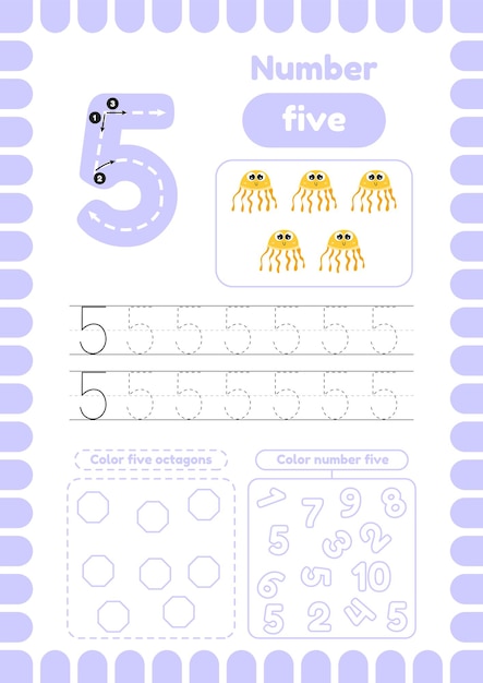 Handwriting tracing numbers Learn number five Educational page for preschool kids Color octagons