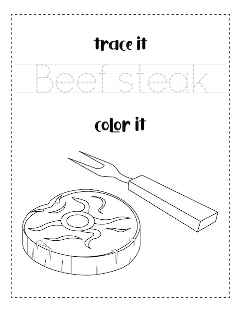 아이들을 위한 손글씨 워드 트레이싱과 컬러 쇠고기 스테이크 필기 연습