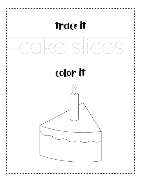 ベクトル 子供のための手書きの単語のトレースとキャンドルの手書きの練習でケーキのスライスを着色