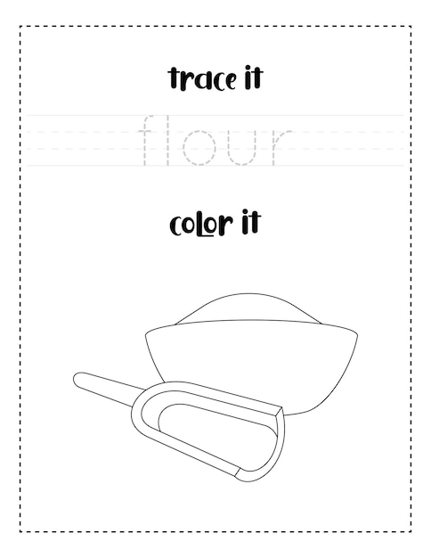 Vector handwriting word tracing and color flour in a bowl handwriting practice for kids