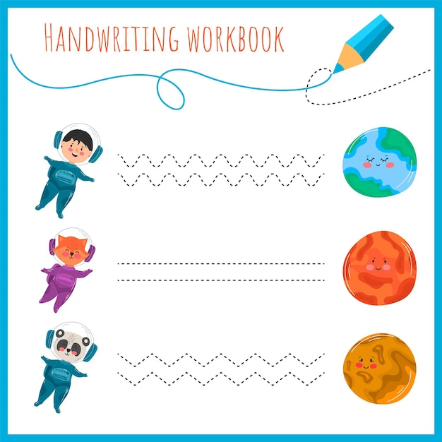 Handwriting workbook for children Worksheets for learning letters Activity book for kids Educational pages for preschool Astronauts planets