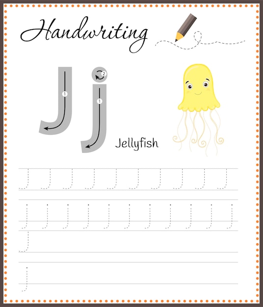 Vector handwriting workbook for children worksheets for learning letters activity book for kids educational pages for preschool letter j