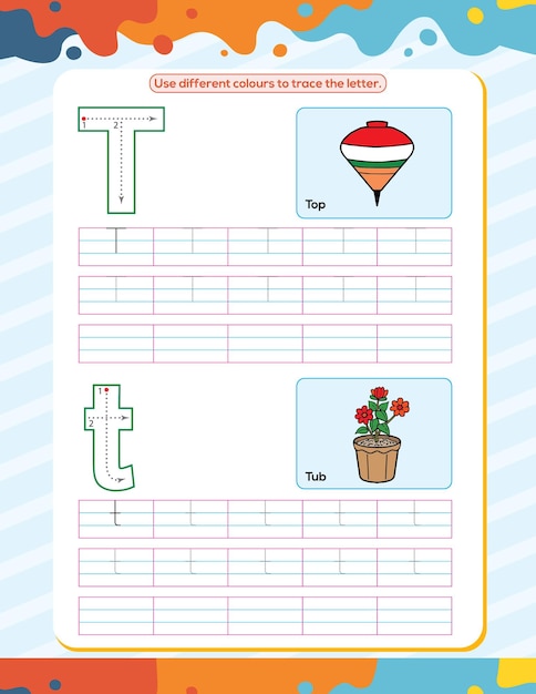 Vector handwriting worksheet and arrow direction alphabet t