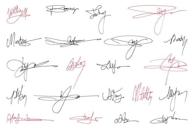 Vector handwritten collection of fake scribble signature in ink