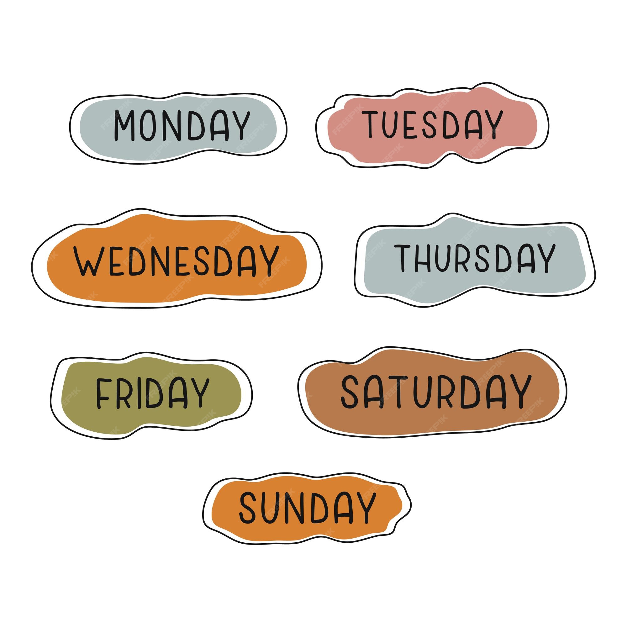 Calendar icons with days of the week. Monday, tuesday, wednesday, thursday,  friday, saturday, sunday. Date days to-do list. 20628053 Vector Art at  Vecteezy