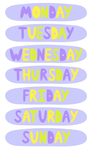 Handwritten Days of Week Sunday Monday Tuesday Wednesday Thursday Friday Saturday Inscription in groovy retro style