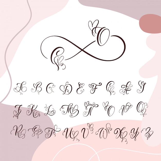 Vettore alfabeto monogramma di calligrafia cuore scritto a mano. carattere corsivo con carattere cuore fiorisce