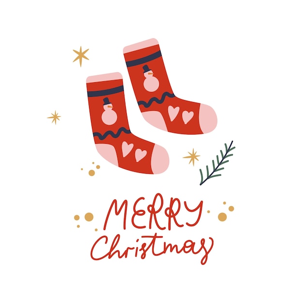 Handwritten lettering merry christmas happy new year warm socks vector