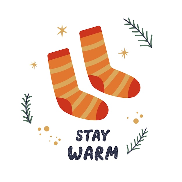 Handwritten lettering Stay Warm Happy New Year warm socks Vector winter cozy card Isolated vector element