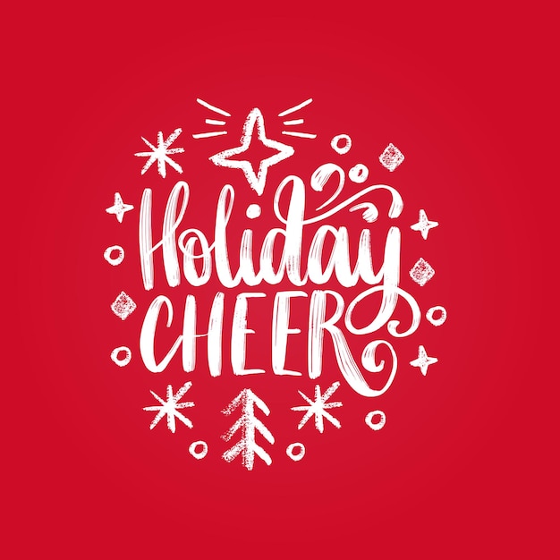 Handwritten phrase holidays cheer. vector christmas illustration on red background.