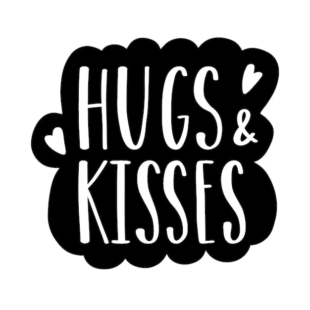 The handwritten phrase hug and kisses. hand lettering. black and white vector silhouette on white