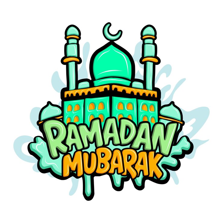 Handwritten Ramadan with mosque background